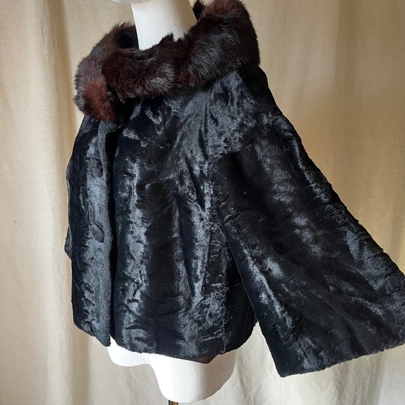 Vintage Sheared Fur Cape w/ Mink Collar Black Swing Evening Capelet M/L - Picture 3 of 13